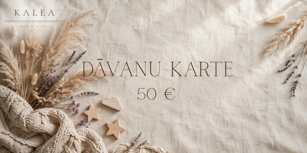 KALEA wood & rituals dāvanu karte 50 eiro - boho organiskā lina dizains ar pampas zāli un lavandu, dabīga eko dāvana mazulim, koka rotaļlietas, zvaigznīte un mākonis